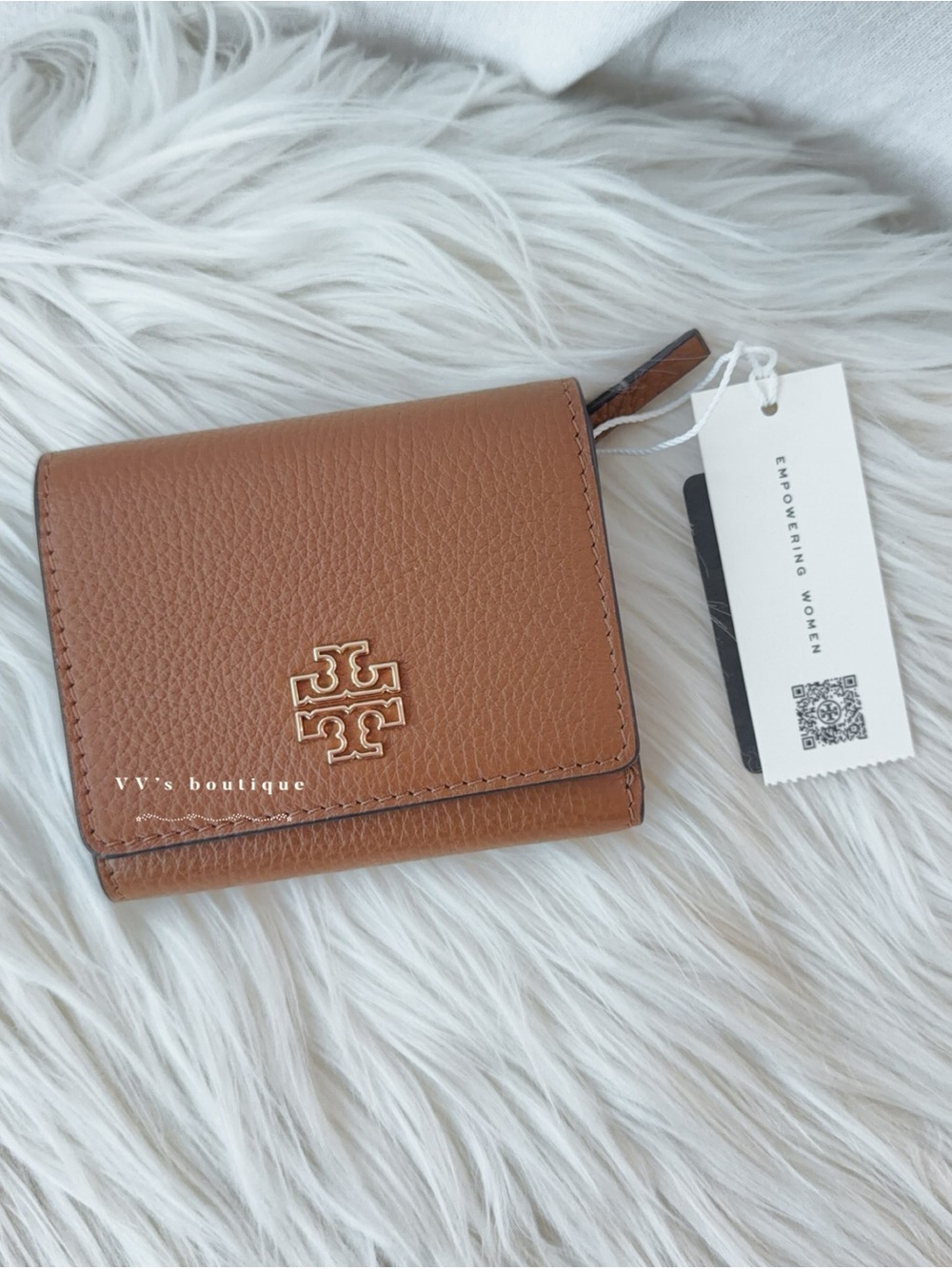 NWT Tory Burch Britten Compact Trifold Wallet Leather Moose Brown Gold 159431